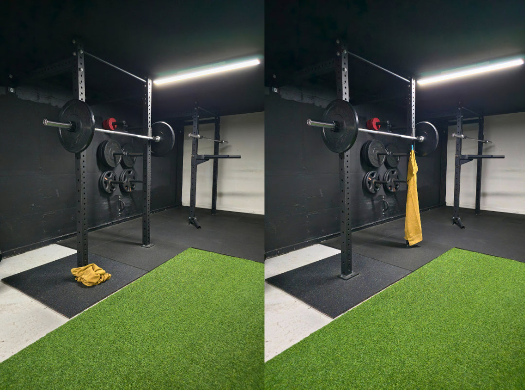 Comparison at a cable machine: a sports towel on the floor and a towel attached to the frame with the Magnetic Towel Clip