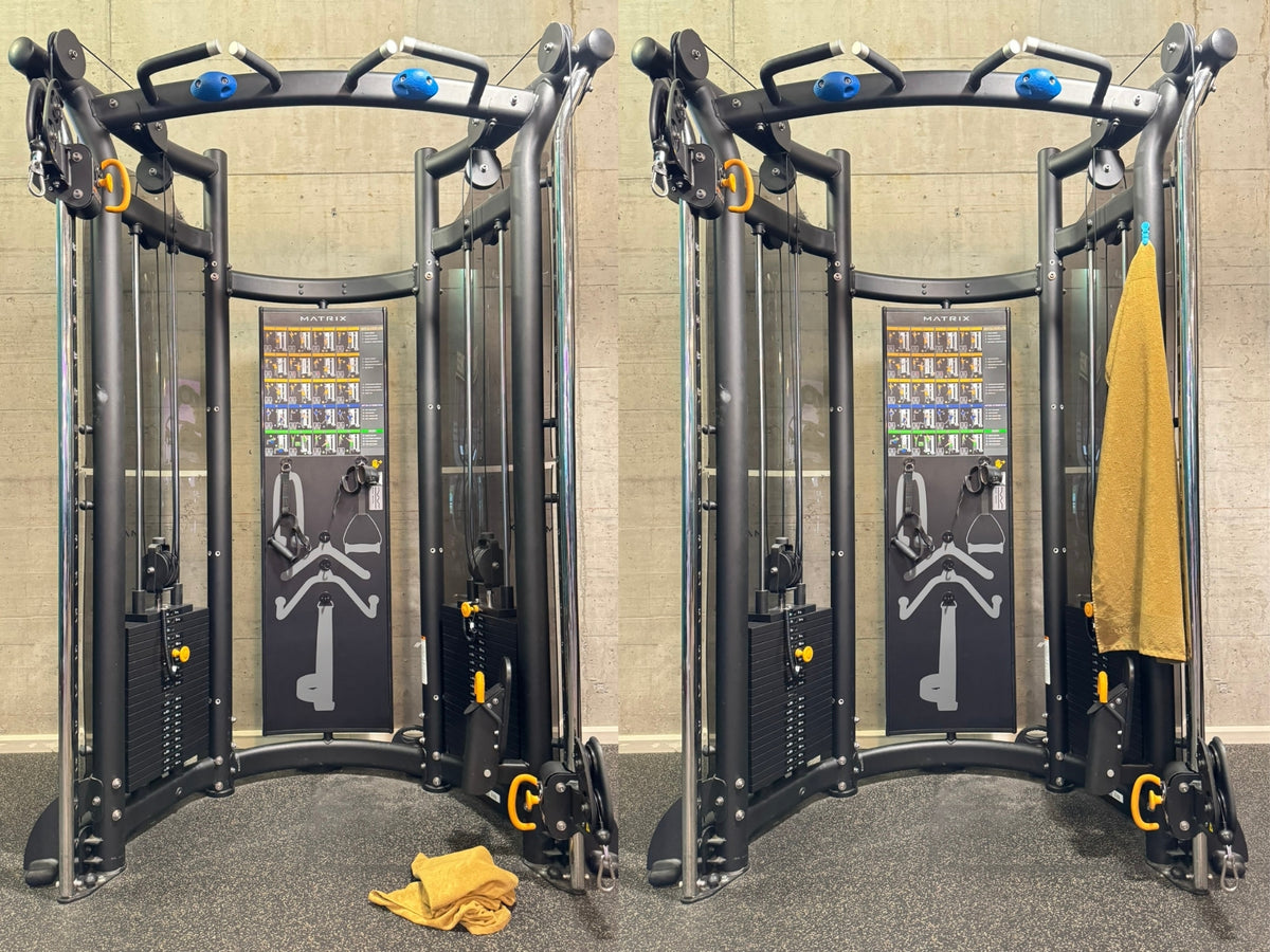 Before-and-after comparison: a sports towel on the gym floor and a towel attached to gym equipment with the Magnetic Towel Clip