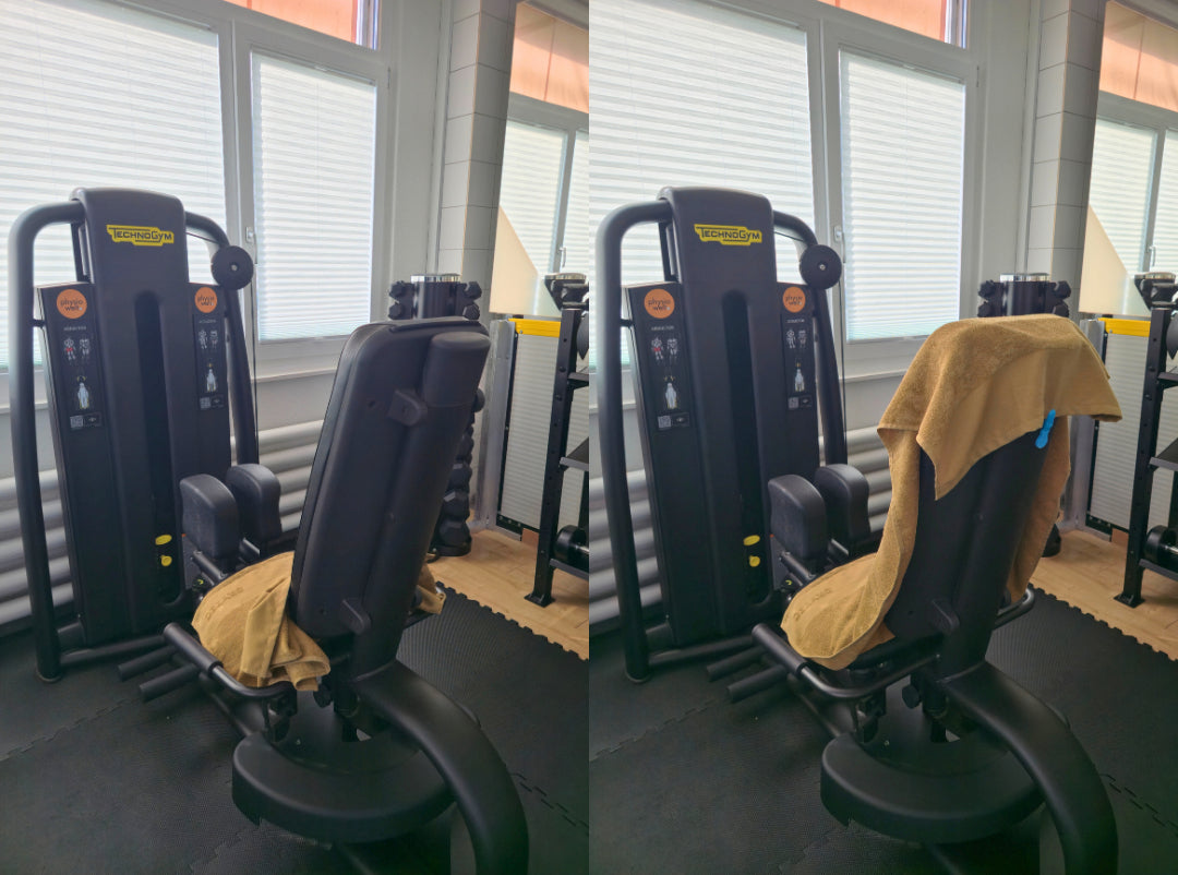 Comparison on a workout bench: a loose sports towel and a towel secured with the Magnetic Towel Clip