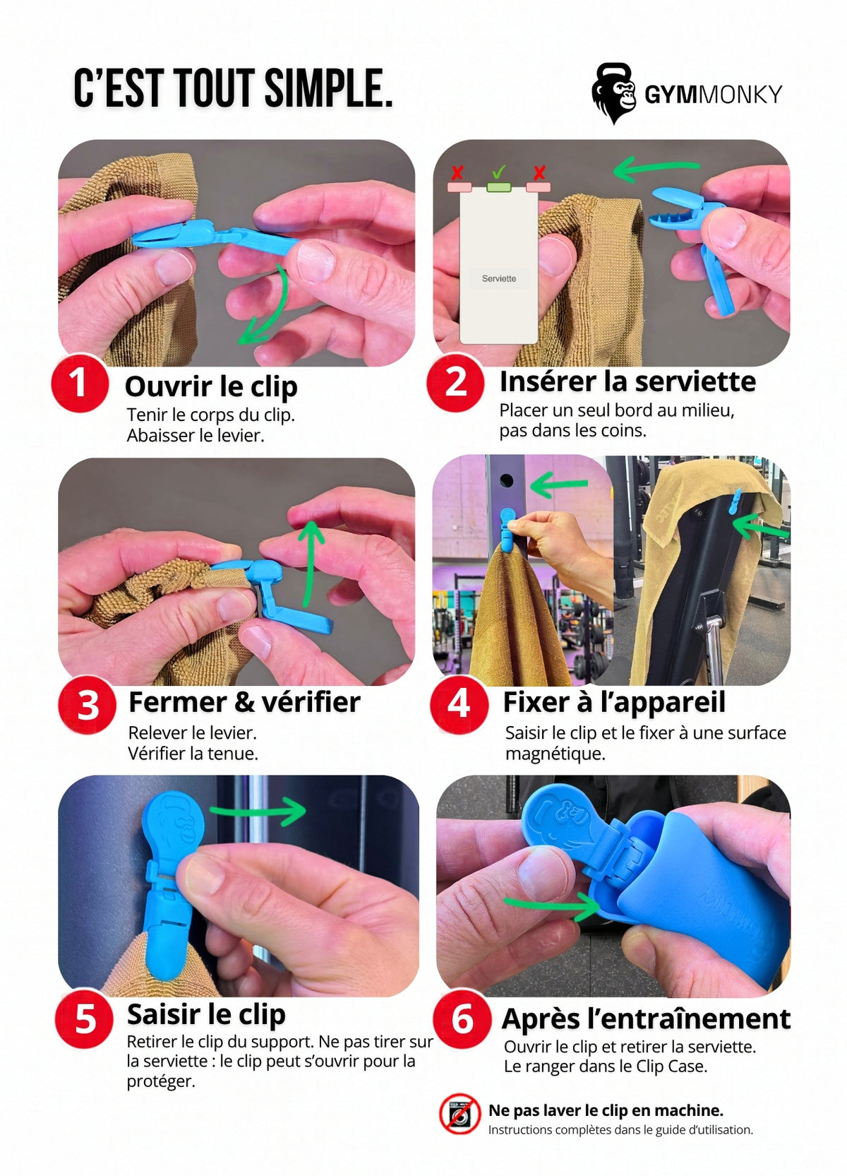 GYMMONKY Magnetic Towel Clip : guide rapide en 6 étapes – insérer la serviette, fixer au métal, retirer et ranger