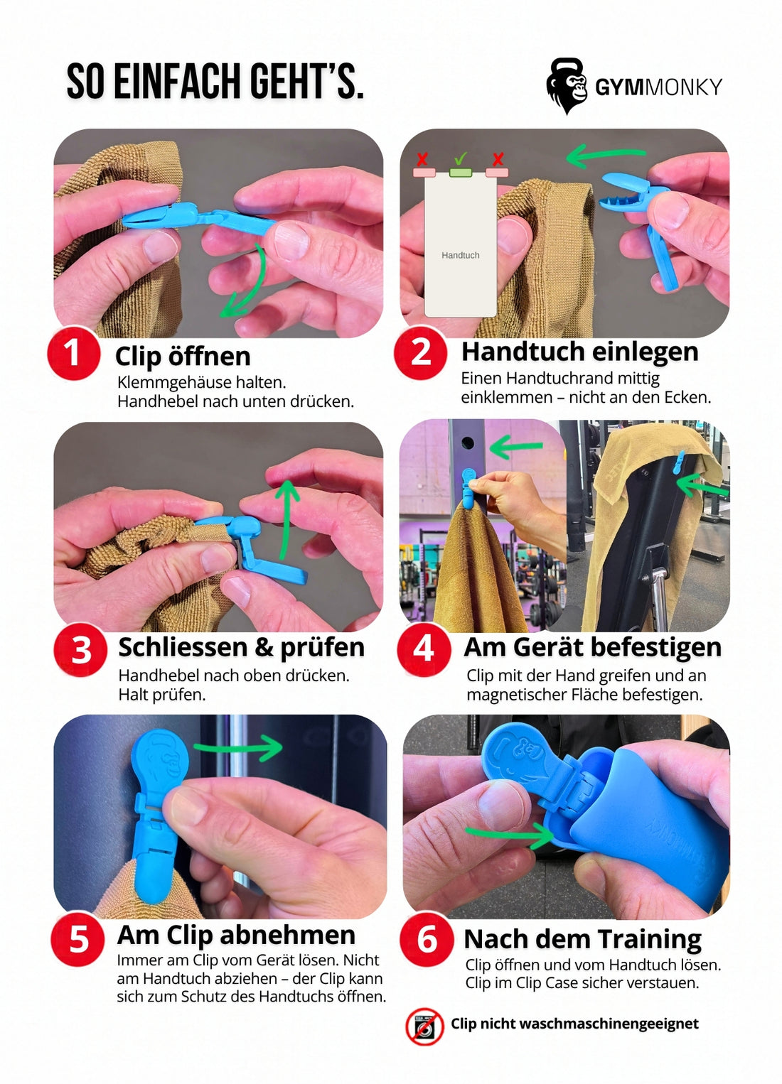 GYMMONKY Magnetic Towel Clip: Kurzanleitung in 6 Schritten – Handtuch einlegen, am Gerät befestigen, abnehmen und verstauen
