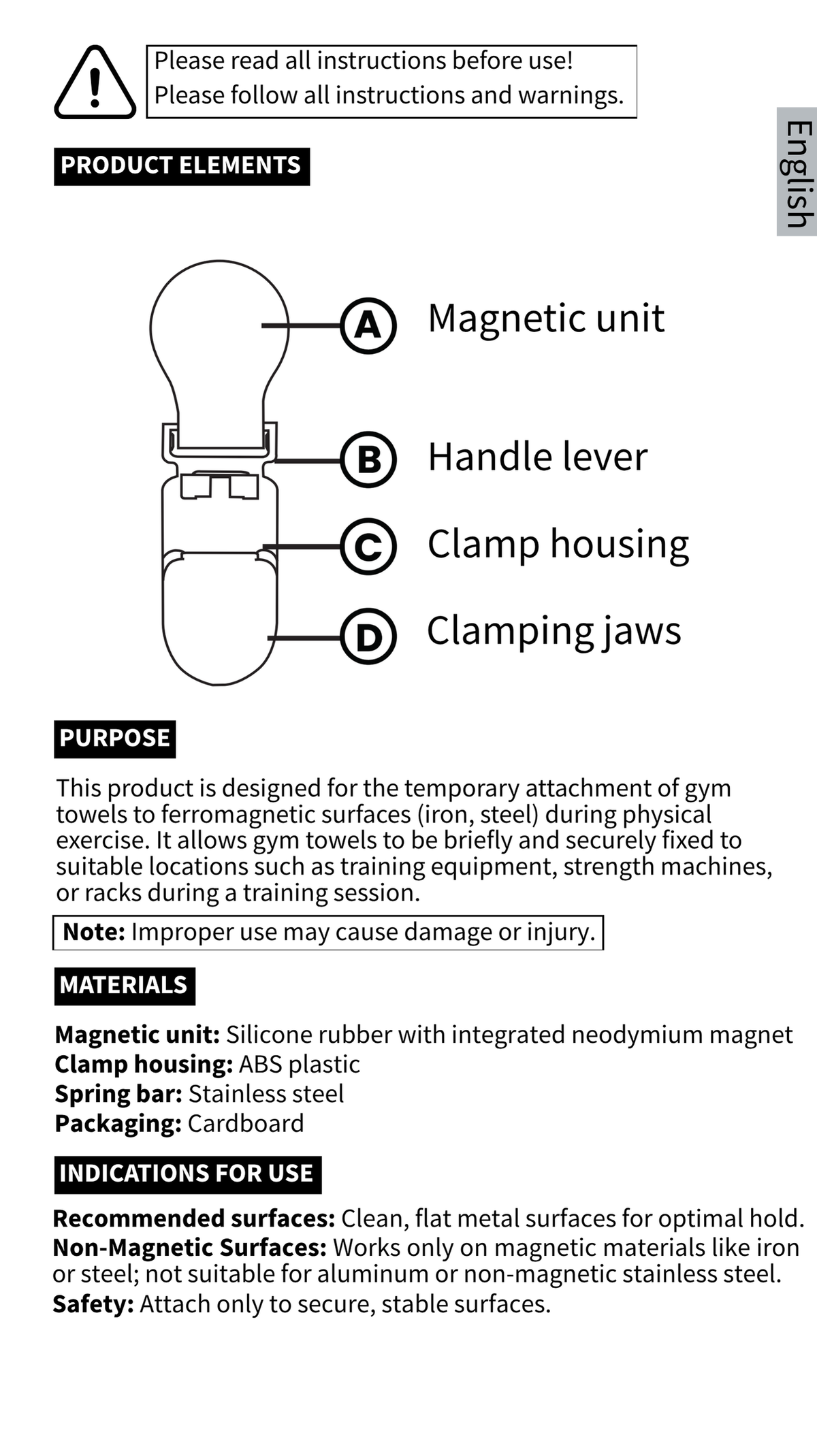 GYMMONKY Magnetic Towel Clip – Anglais : éléments du produit, objectif, matériaux et surfaces adaptées.