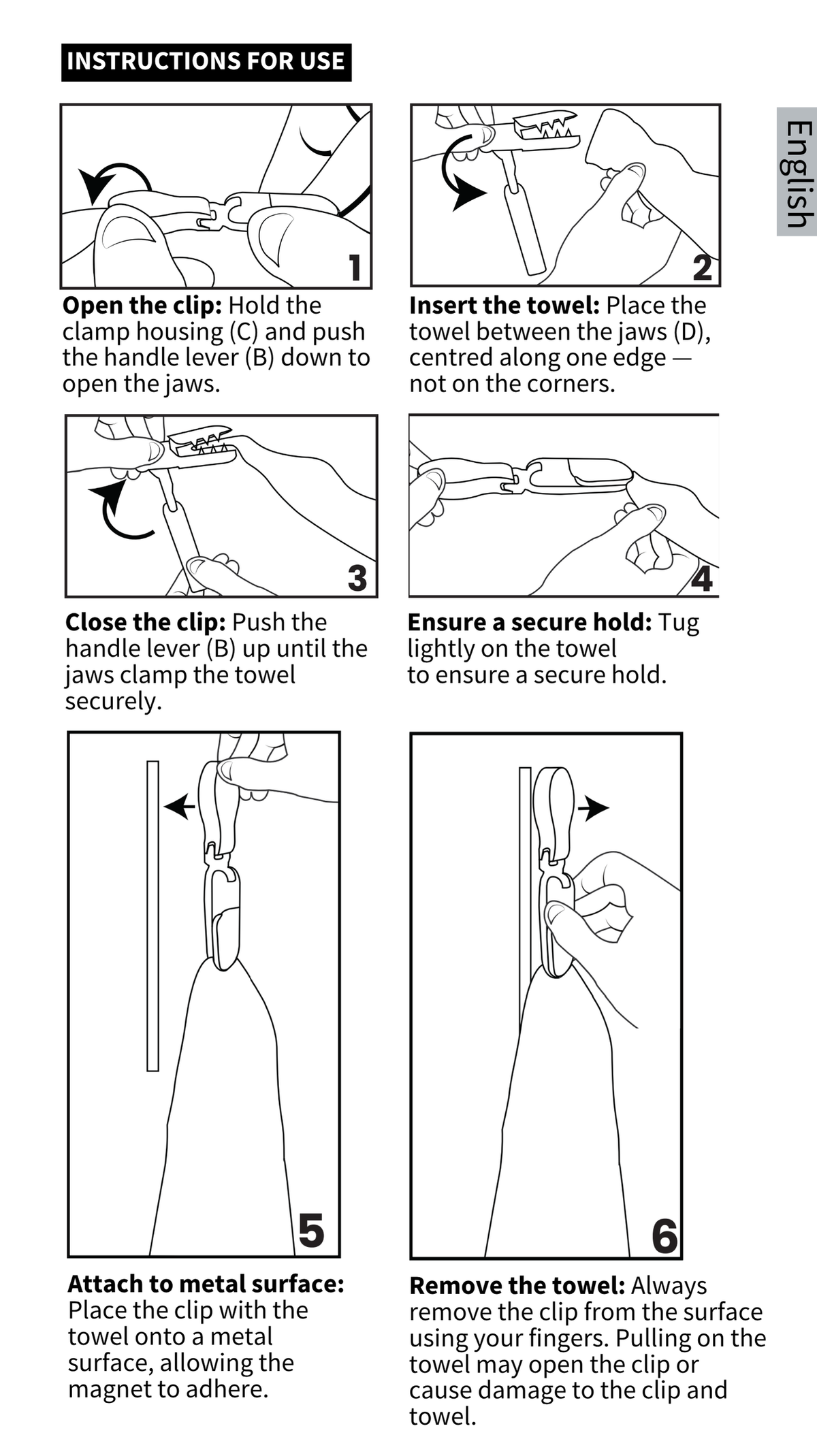 GYMMONKY Magnetic Towel Clip – Anglais : six étapes illustrées pour fixer la serviette et retirer le clip du métal.