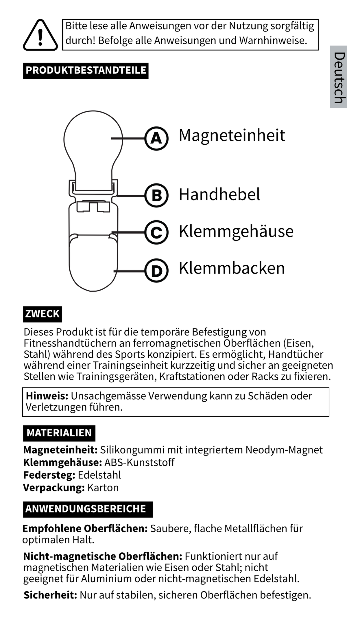 GYMMONKY Magnetic Towel Clip – Allemand : éléments du produit, objectif, matériaux et surfaces adaptées.