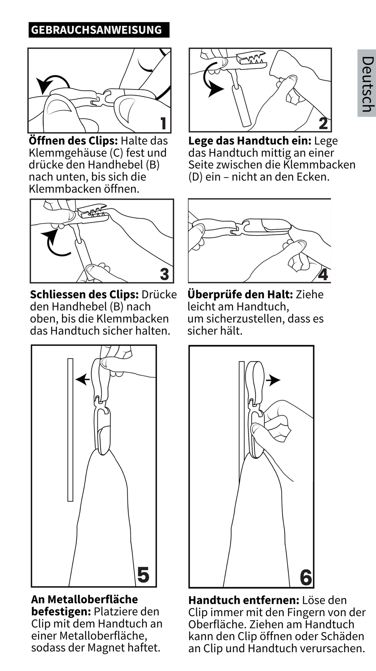 GYMMONKY Magnetic Towel Clip – Allemand : six étapes illustrées pour insérer la serviette, fixer le clip et le retirer.