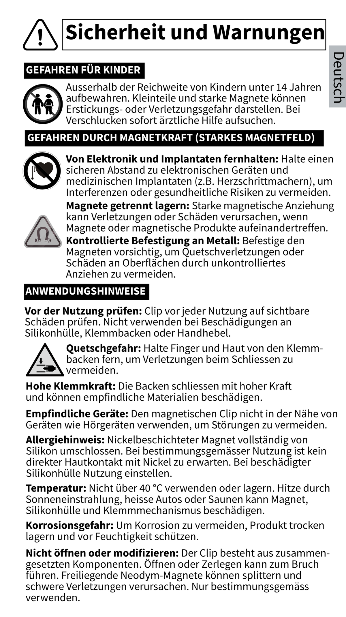 GYMMONKY Magnetic Towel Clip – Allemand : consignes de sécurité pour le rangement et l’utilisation du clip magnétique.