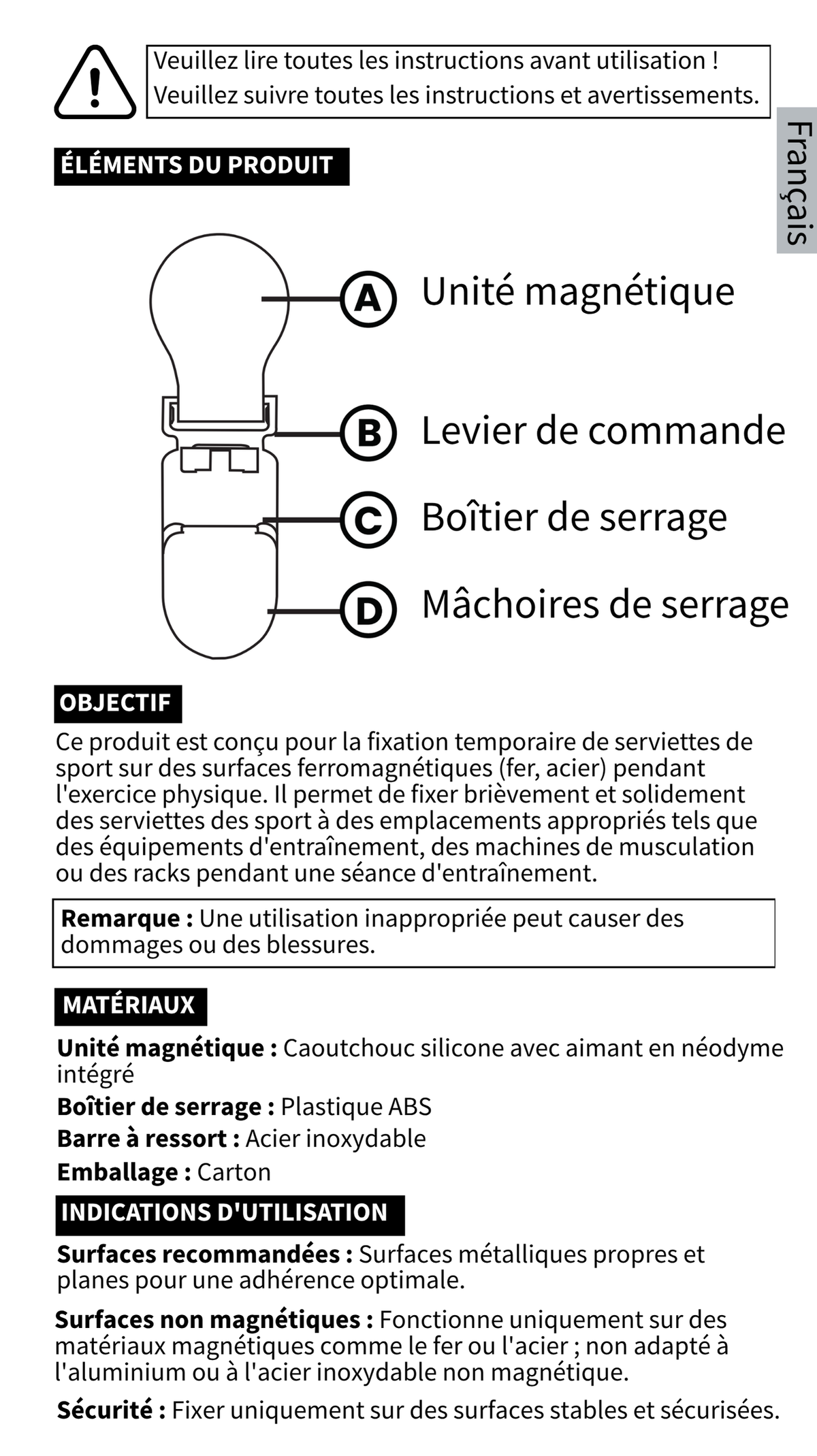 GYMMONKY Magnetic Towel Clip – Français : éléments du produit, objectif, matériaux et surfaces adaptées.