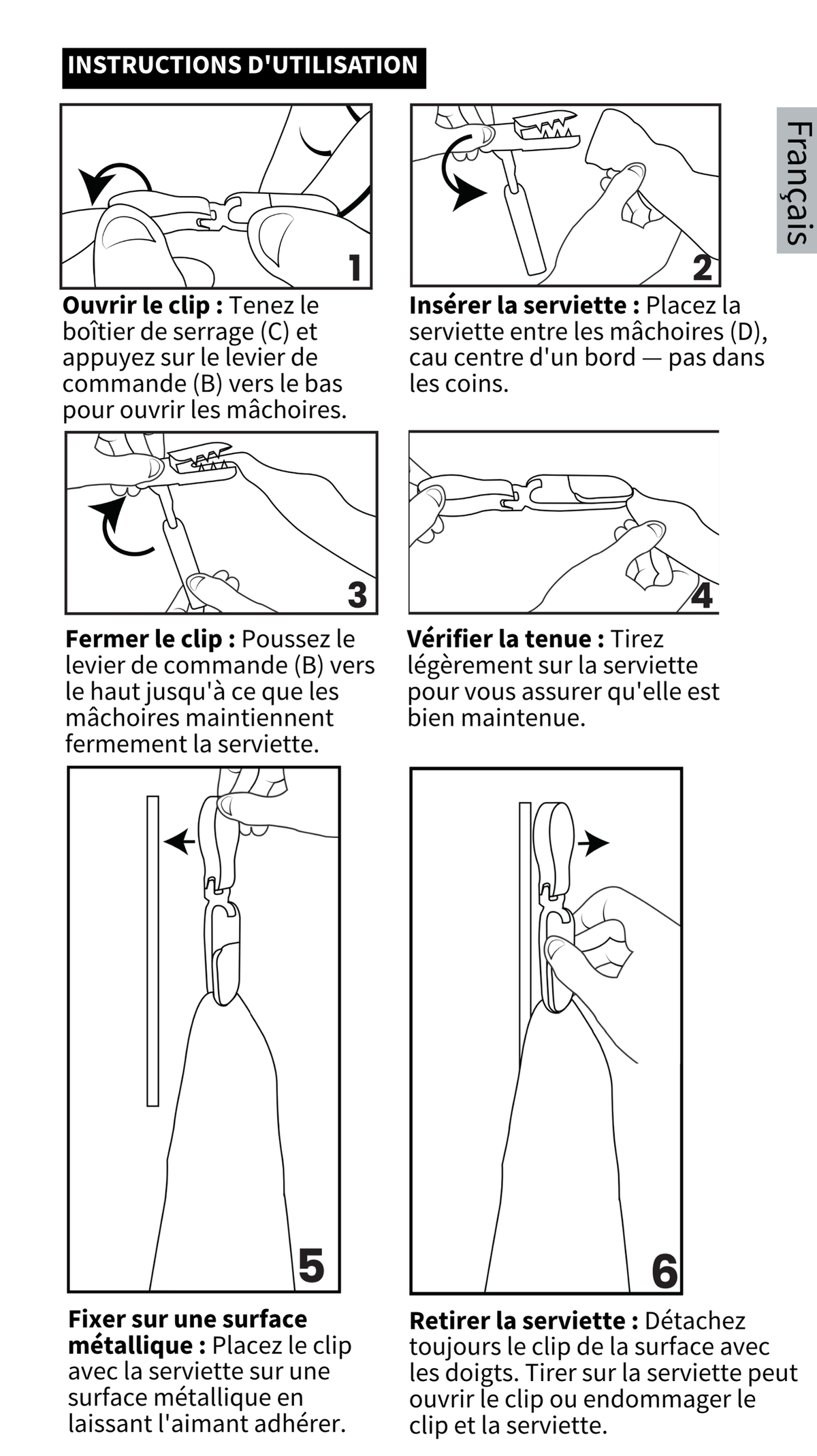 GYMMONKY Magnetic Towel Clip – Français : six étapes illustrées pour fixer la serviette et retirer le clip du métal.