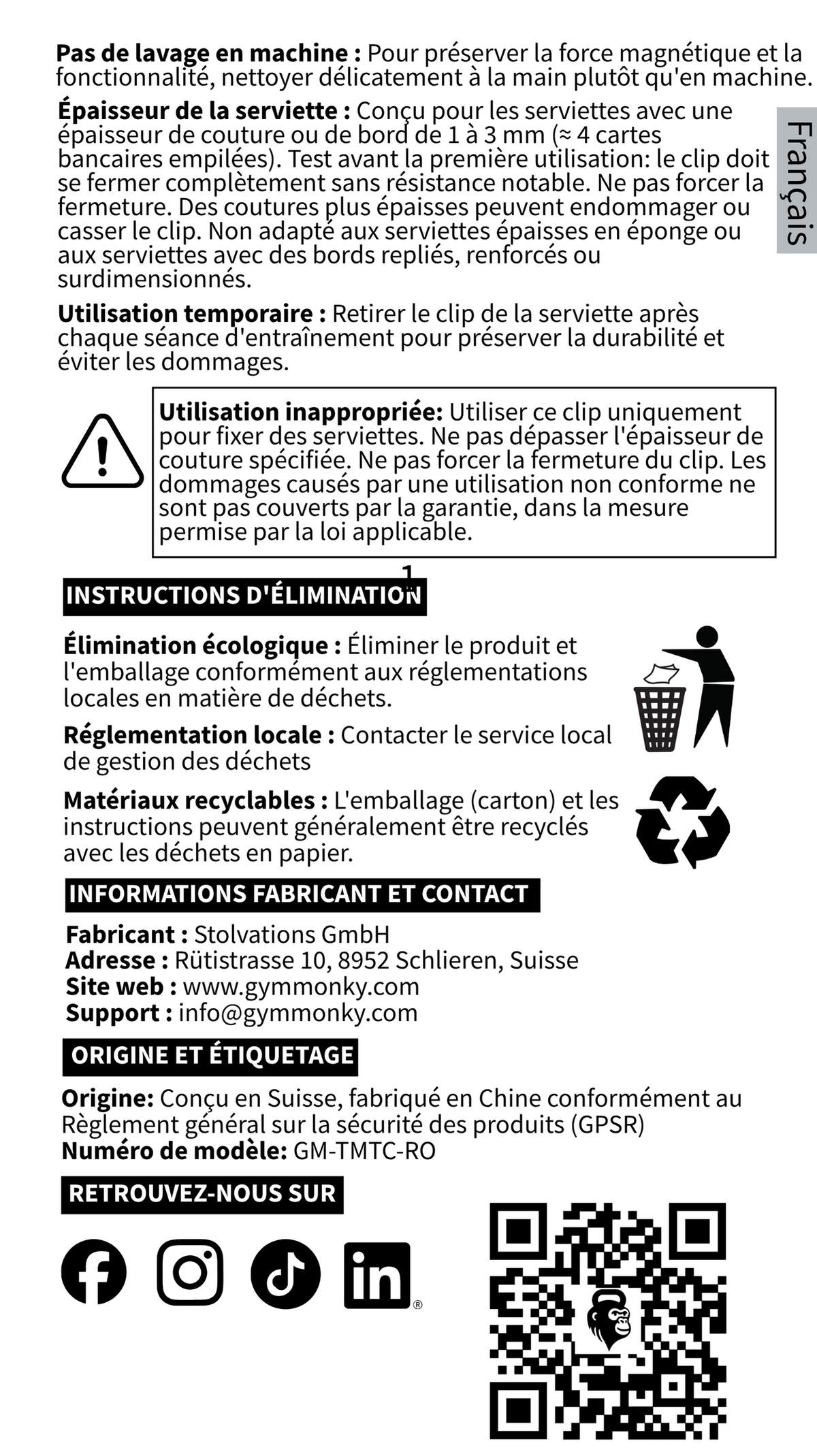 GYMMONKY Magnetic Towel Clip – Français : entretien, épaisseur de serviette, rangement, élimination et contact du fabricant.