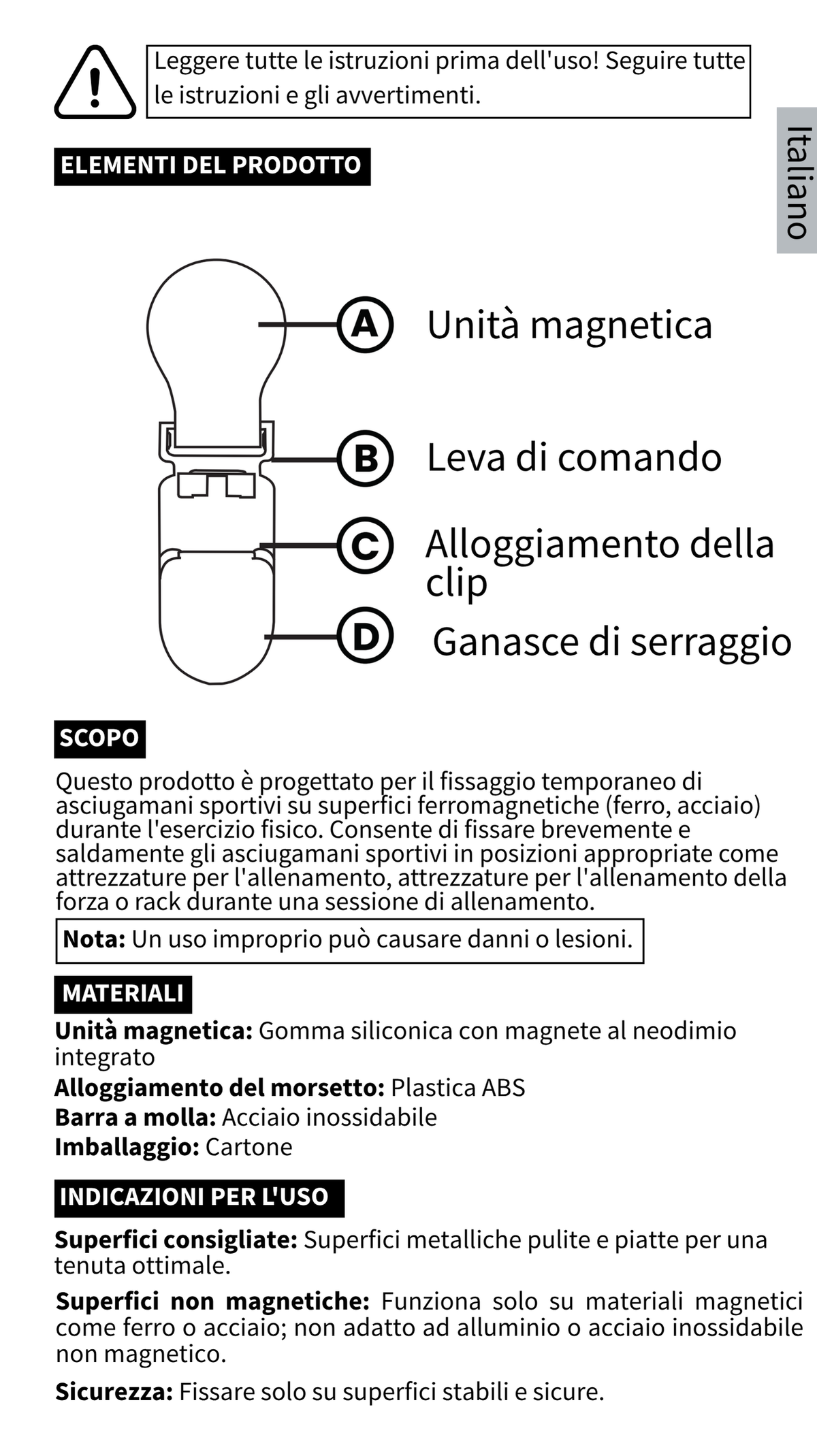 GYMMONKY Magnetic Towel Clip – Italien : éléments du produit, objectif, matériaux et surfaces adaptées.