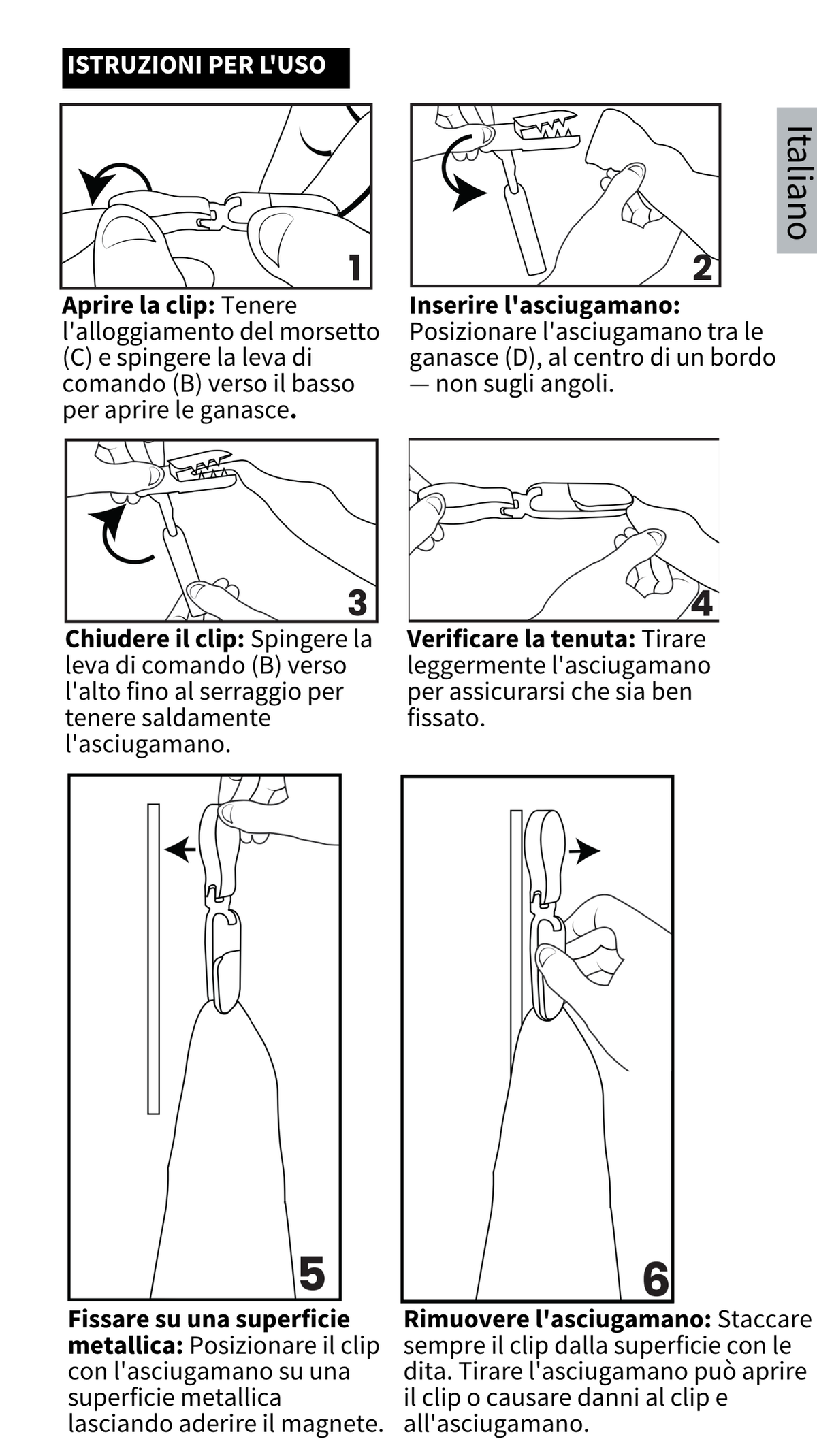 GYMMONKY Magnetic Towel Clip – Italien : six étapes illustrées pour fixer la serviette et retirer le clip du métal.