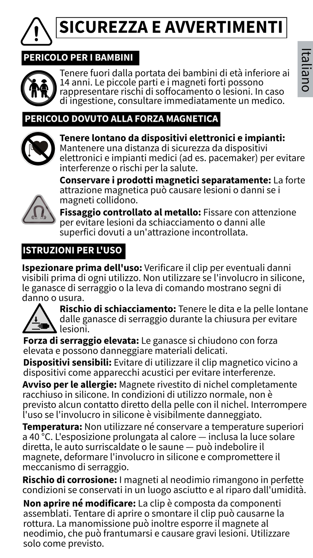 GYMMONKY Magnetic Towel Clip – Italien : consignes de sécurité et précautions pour le clip magnétique.
