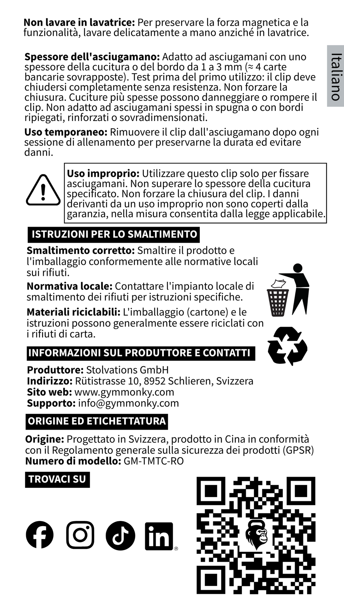 GYMMONKY Magnetic Towel Clip – Italien : entretien, épaisseur de serviette, rangement, élimination et contacts.